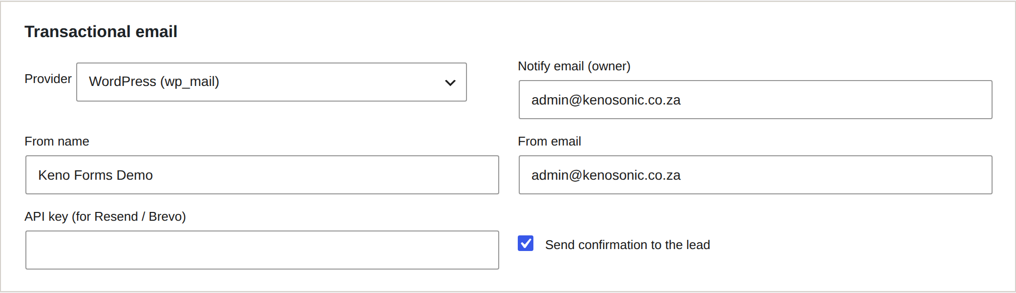 The Keno Forms transactional email settings