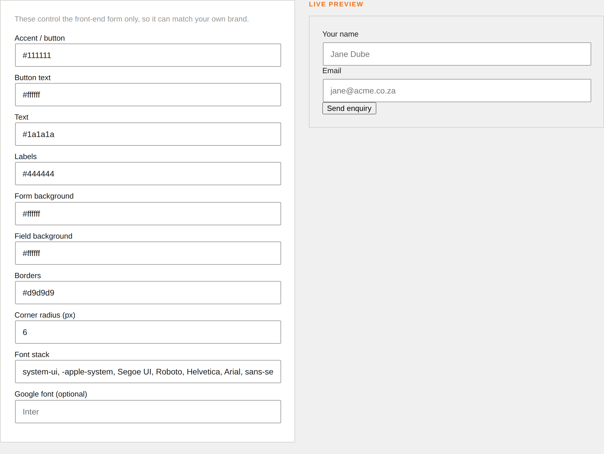 The Keno Forms theme controls with a live preview