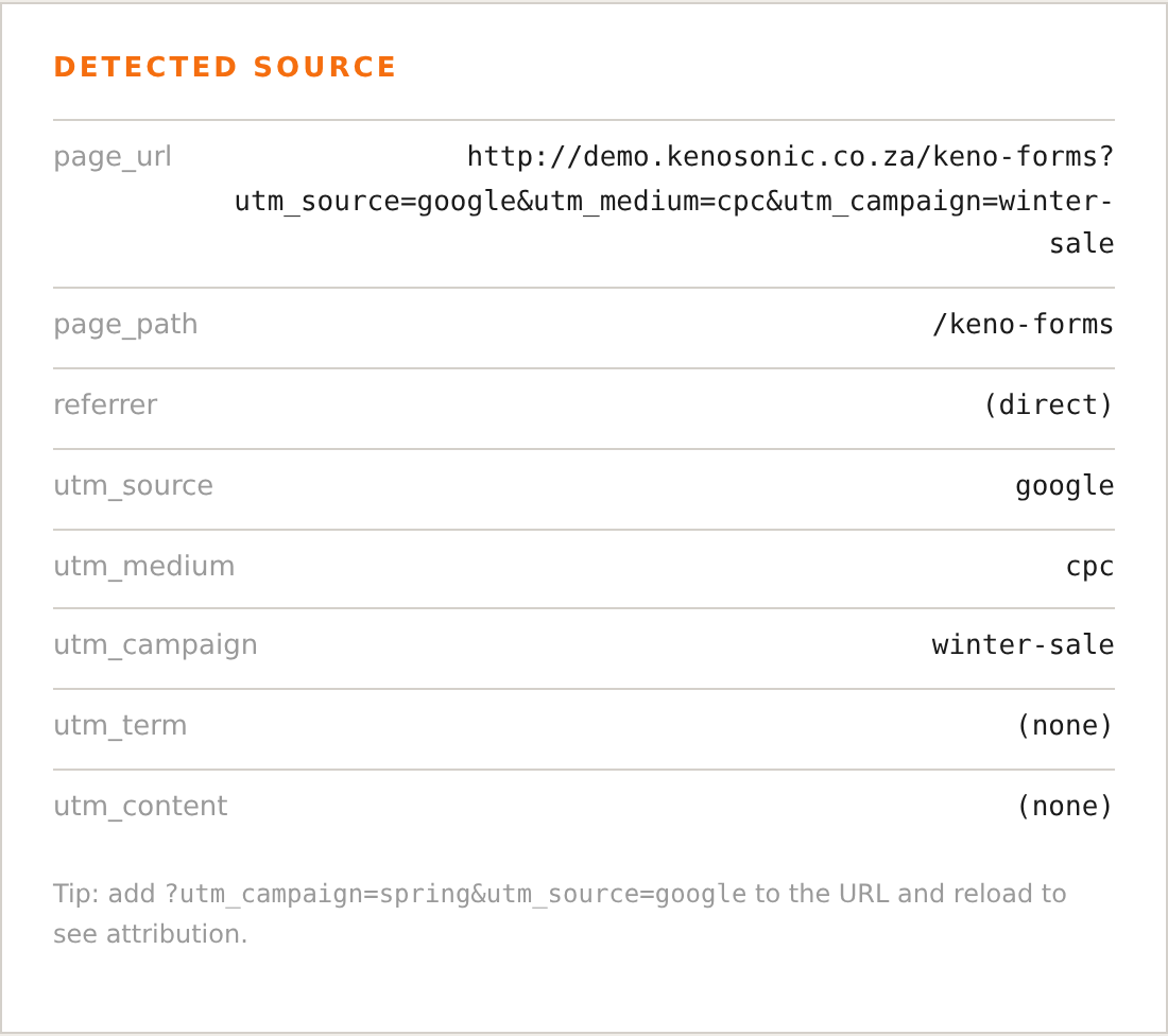 The source and UTM parameters Keno Forms detects
